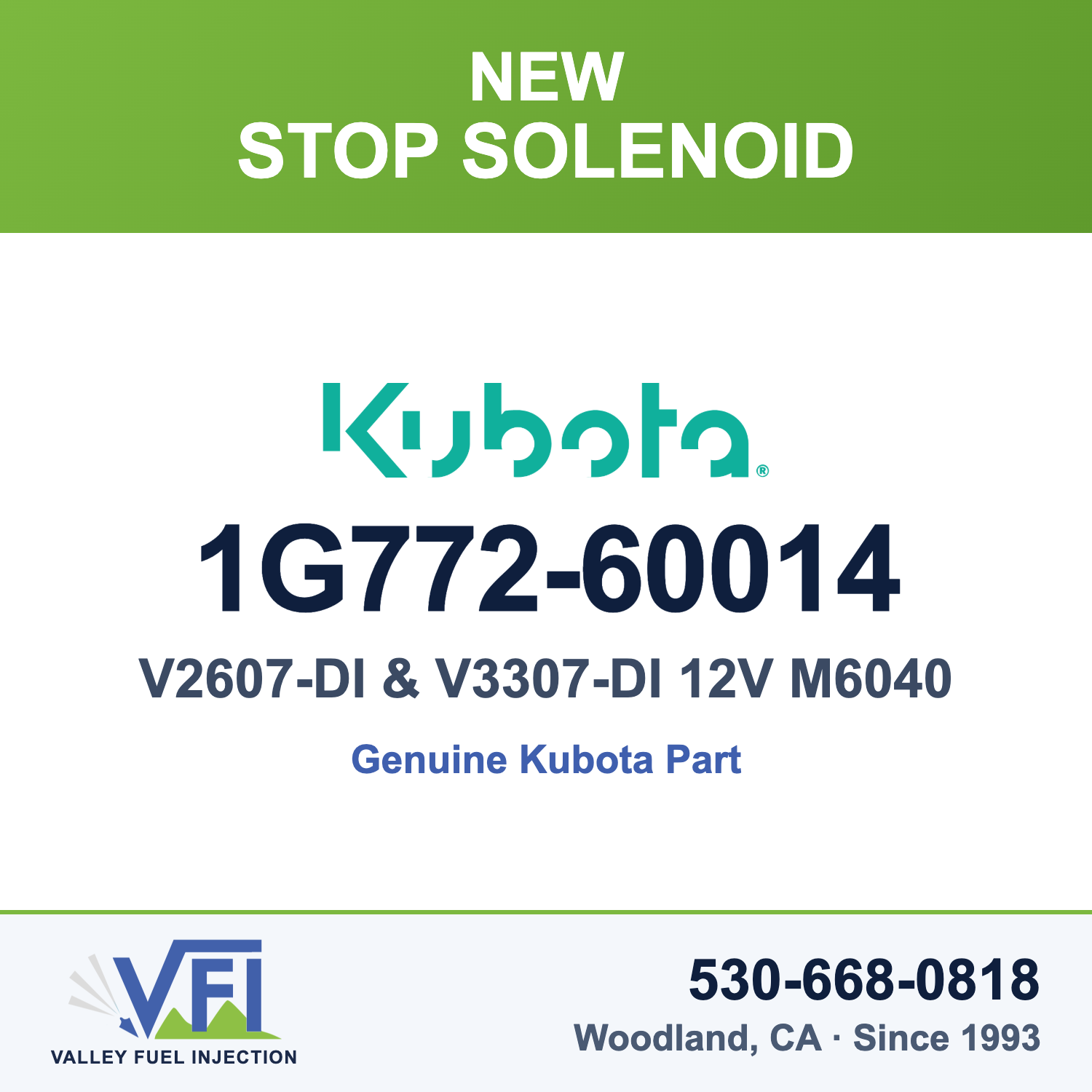 Kubota 1G772-60014 Engine Stop Solenoid for Kubota V2607-DI and V2607-DI-T diesel engines with a mechanical injection pump
