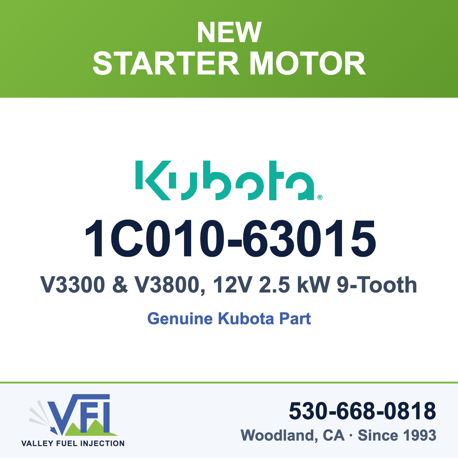 Kubota 1C010-63015 Starter Motor for Kubota V3 Series diesel engines that use the 12 V 2.5 kW 9-tooth starter