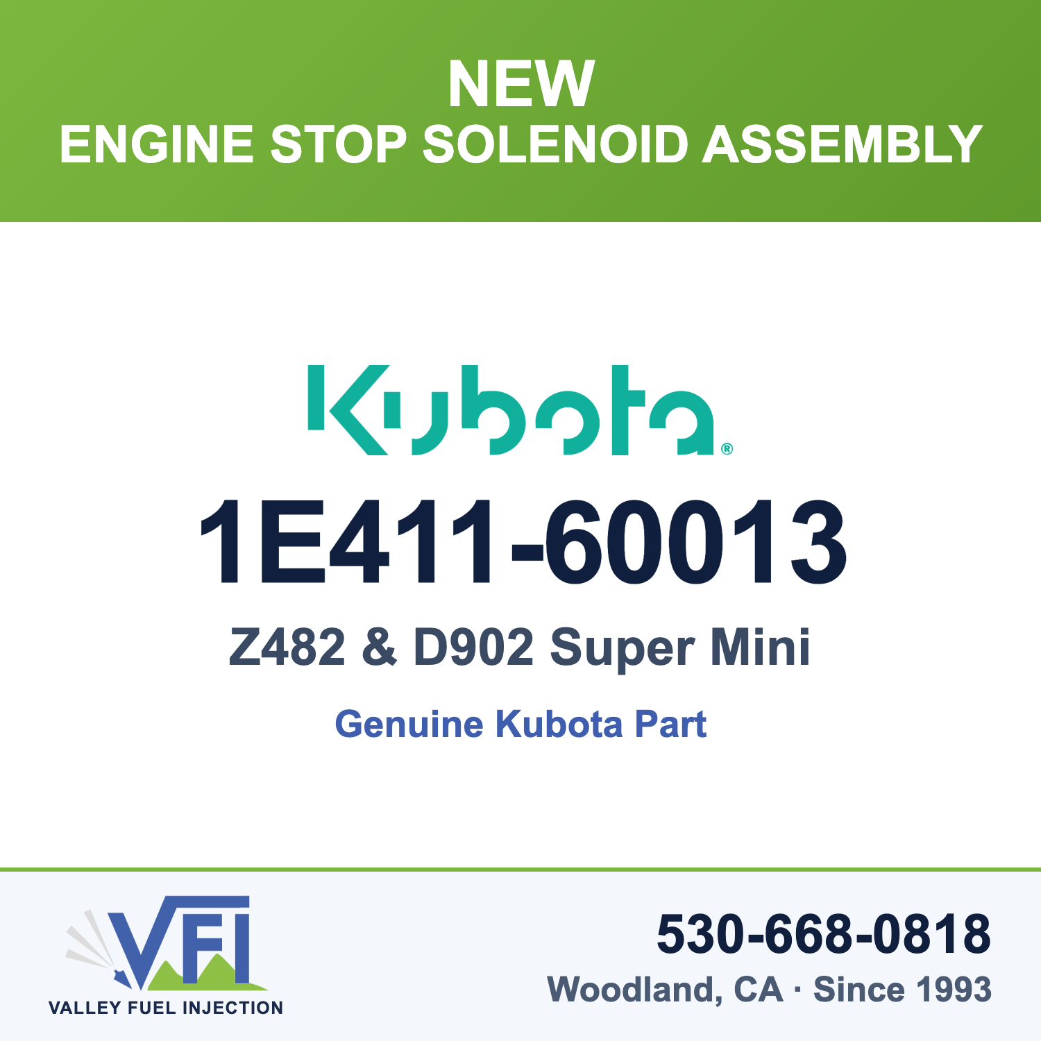 Kubota 1E411-60013 Engine Stop Solenoid (Actuator) Assembly for Kubota Super Mini series diesel engines Z482 and D902