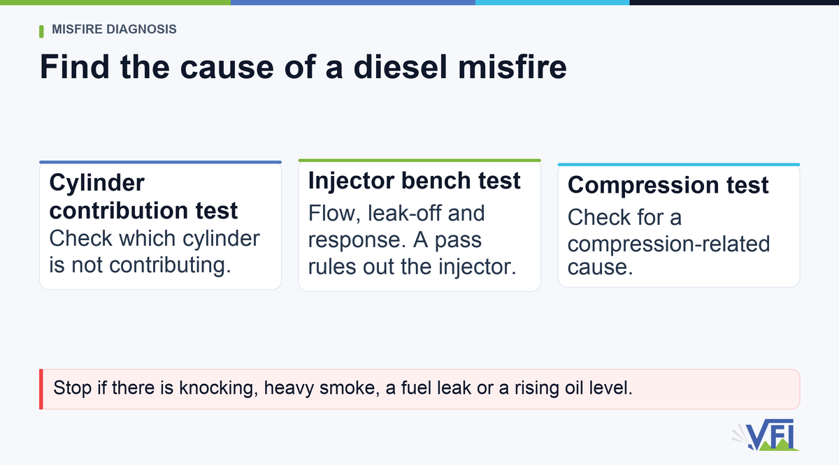 Cylinder contribution, injector bench and compression tests distinguish diesel misfire causes.