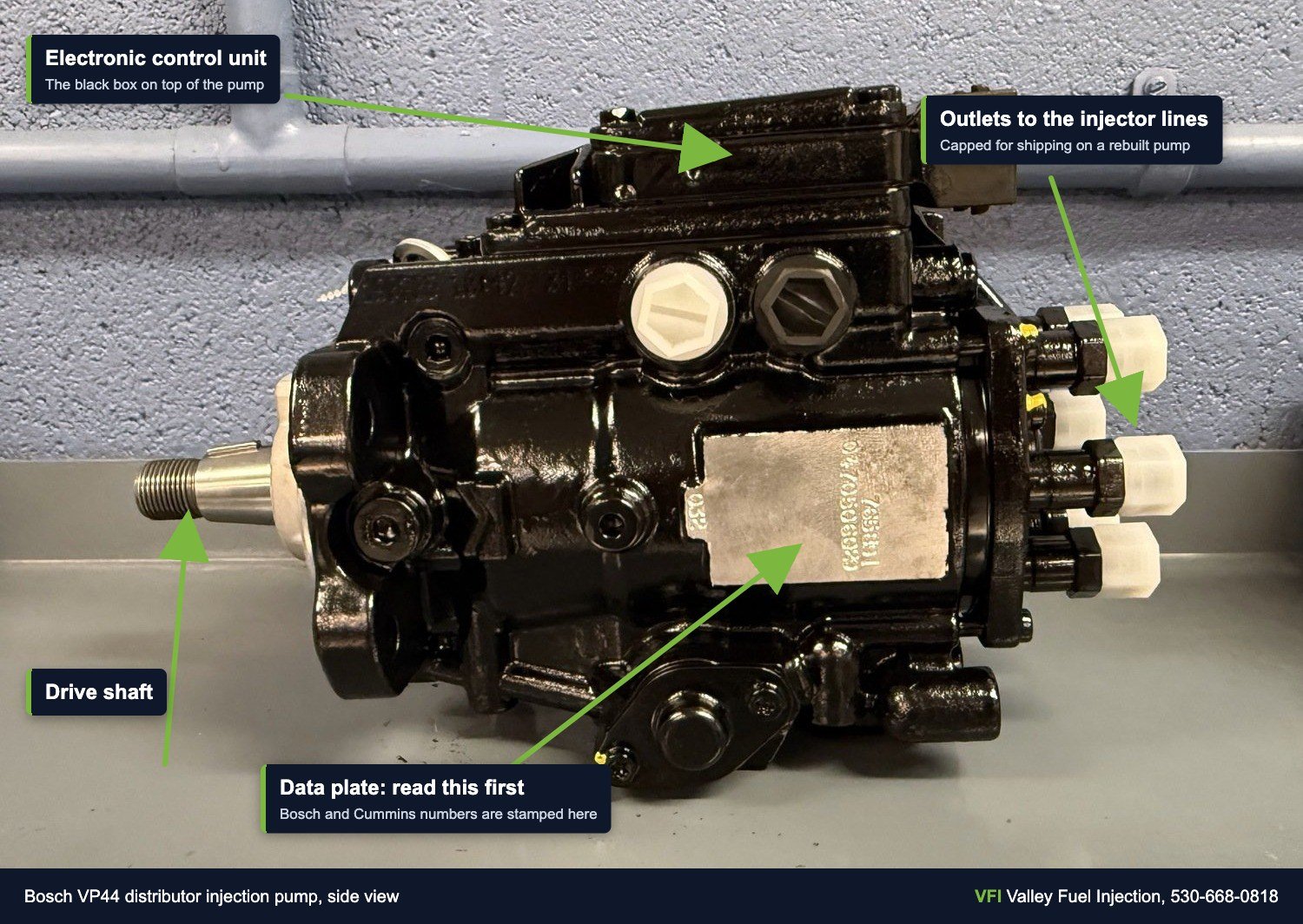 Bosch VP44 injection pump side view with the data plate, control unit, injector line outlets and drive shaft marked